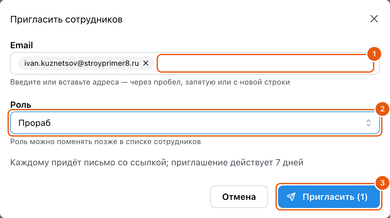 Окно «Пригласить сотрудников» с пометками: 1 — поле адресов с адресом Ивана Кузнецова, 2 — роль «Прораб», 3 — кнопка «Пригласить»